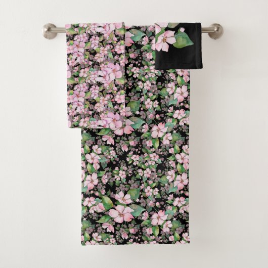 Roze Cherry Blossom op Black Bathroom Towel Set Bad Handdoek (Insitu)