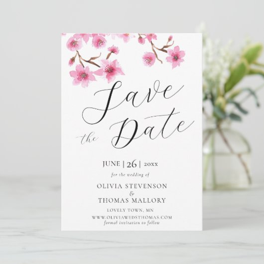 Roze Cherry Blossom Photo Weddenschap Save the Dat Kaart (Staand voorkant)