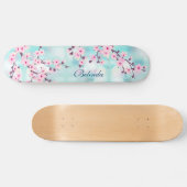 Roze Cherry Blossom Turquoise Bokeh Monogram Girly Skateboard (Horizontaal)