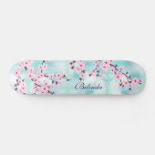 Roze Cherry Blossom Turquoise Bokeh Monogram Girly Skateboard (Horizontaal)