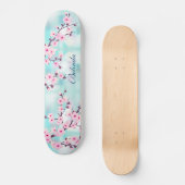 Roze Cherry Blossom Turquoise Bokeh Monogram Girly Skateboard (Voorkant)