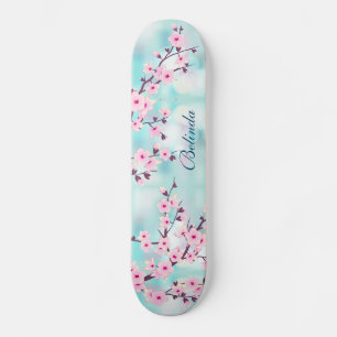 Roze Cherry Blossom Turquoise Bokeh Monogram Girly Skateboard