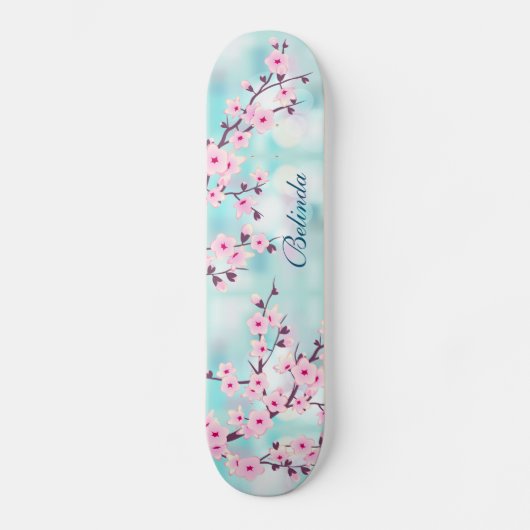 Roze Cherry Blossom Turquoise Bokeh Monogram Girly Skateboard (Voorkant)