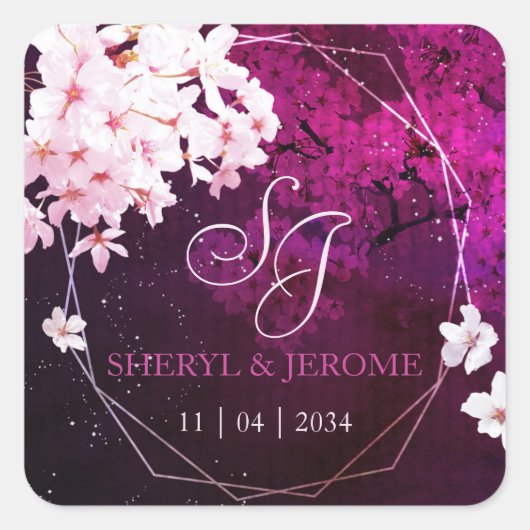Roze Cherry Blossom Wedding Invitation Vierkante Sticker (Voorkant)