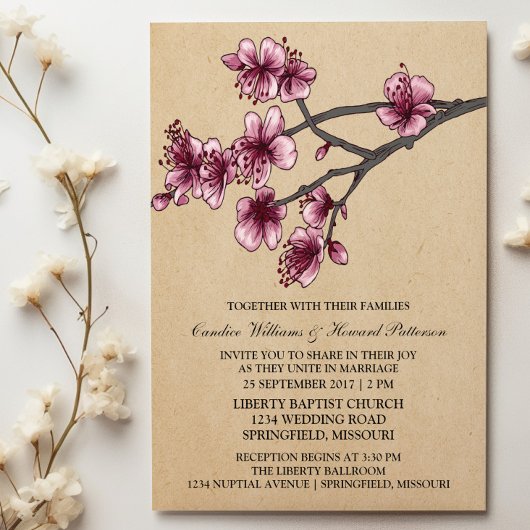 Roze  Cherry Blossom Wedding Invite Kaart