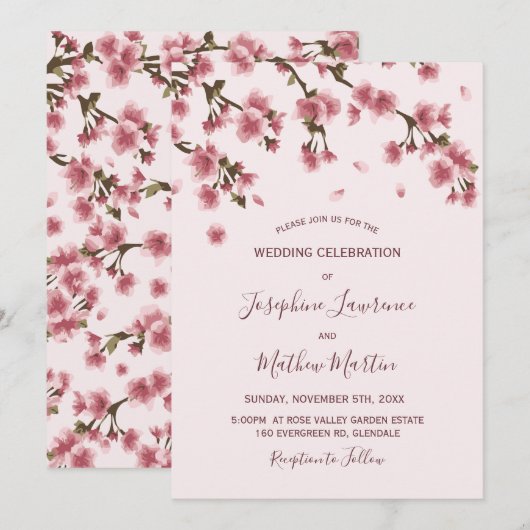 Roze Cherry Blossom Wedding Kaart (Voorkant / Achterkant)