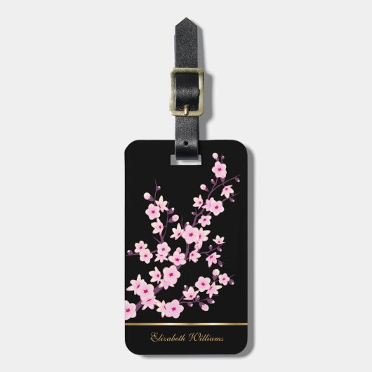 Roze Cherry Blossoms Floral Black  Lug Bagagelabel (Voorkant verticaal)
