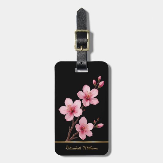 Roze Cherry Blossoms Floral Black Lug Bagagelabel (Voorkant verticaal)