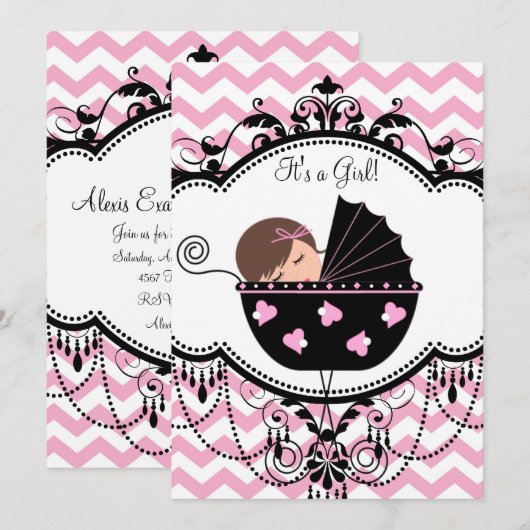 Roze Chevron Baby Girl Shower Kaart (Voorkant / Achterkant)