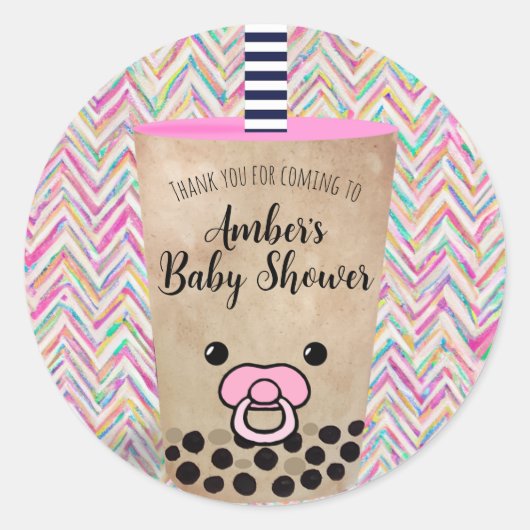 Roze Chevron Boba Tea Baby shower Dank u Ronde Sticker (Voorkant)