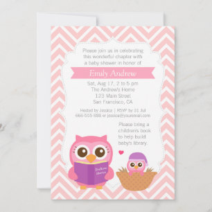 Roze Chevron Book Thleed Owl Baby shower Party Kaart