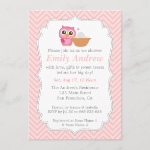 Roze Chevron, Cute Owl Baby shower Kaart