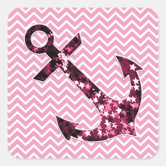Roze Chevron en Sparkly Stars Anchor Vierkante Sticker (Voorkant)