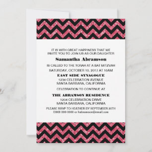 Roze Chevron Glitter Bat Mitzvah Invite Kaart