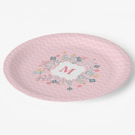 Roze Chevron Monogram Aangepast papier Bord 9 inch (Gekanteld)