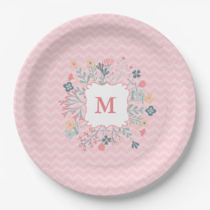 Roze Chevron Monogram Aangepast papier Bord 9 inch