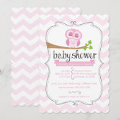 Roze Chevron Owl Baby shower Uitnodiging (Voorkant / Achterkant)