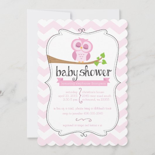 Roze Chevron Owl Baby shower Uitnodiging (Voorkant)