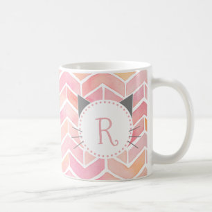 Roze Chevron Pattern   Cute Cat Monogram Koffiemok
