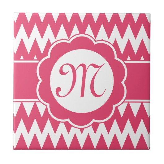 Roze Chevron Pattern & Monogram Flower Tegeltje (Voorkant)