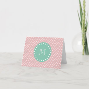 Roze Chevron Pattern   Munt Green Monogram Notitiekaartje