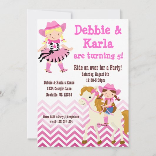 Roze Chevron Twin Cowgirl: uitnodiging van de Birt (Voorkant)