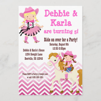 Roze Chevron Twin Cowgirl: uitnodiging van de Birt