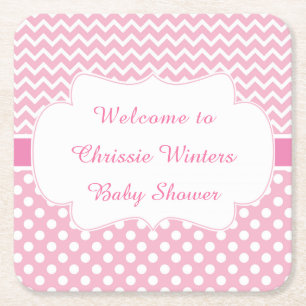 Roze Chevron & Witte Polka Dots Baby shower Party Vierkante Kartonnen Onderzetter
