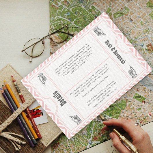 Roze Chevron Zig Zag Modern Ticket Wedding Informatiekaartje