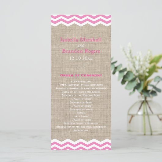 Roze Chevrons over het Burlap Wedding Programme Programma (Staand voorkant)