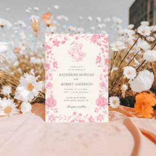 Roze Chinoiserie  Bloemen Huwelijk Kaart