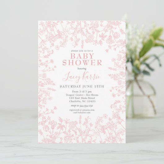 Roze Chinoiserie Floral baby shower Invitation, Kaart (Staand voorkant)