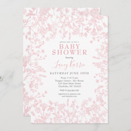 Roze Chinoiserie Floral baby shower Invitation, Kaart (Voorkant / Achterkant)