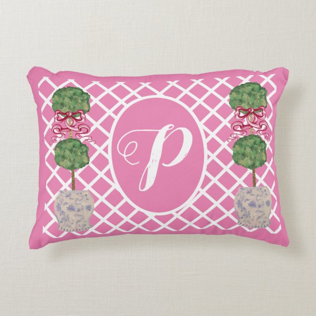 Roze Chinoiserie Ginger Jar Topiary Basket Accent Kussen (Voorkant)