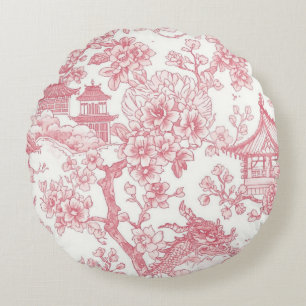 Roze Chinoiserie Toile Draak Kersenbloesem Rond Kussen