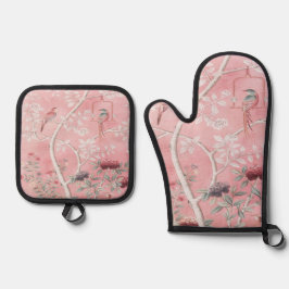 Roze Chinoiserie Vogel Bloemen Elegant Ovenwant & Pannenlap Set