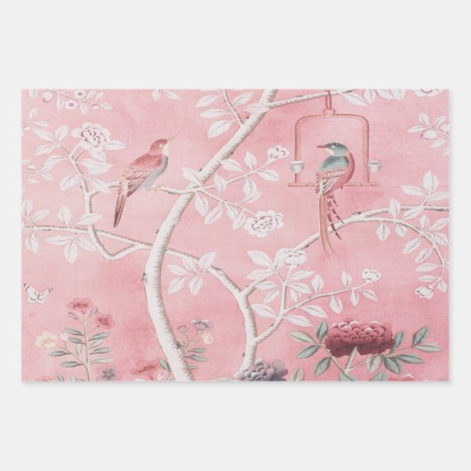 Roze Chinoiserie Vogel Wrapping Papier Bladen Inpakpapier Vel (Voorkant)