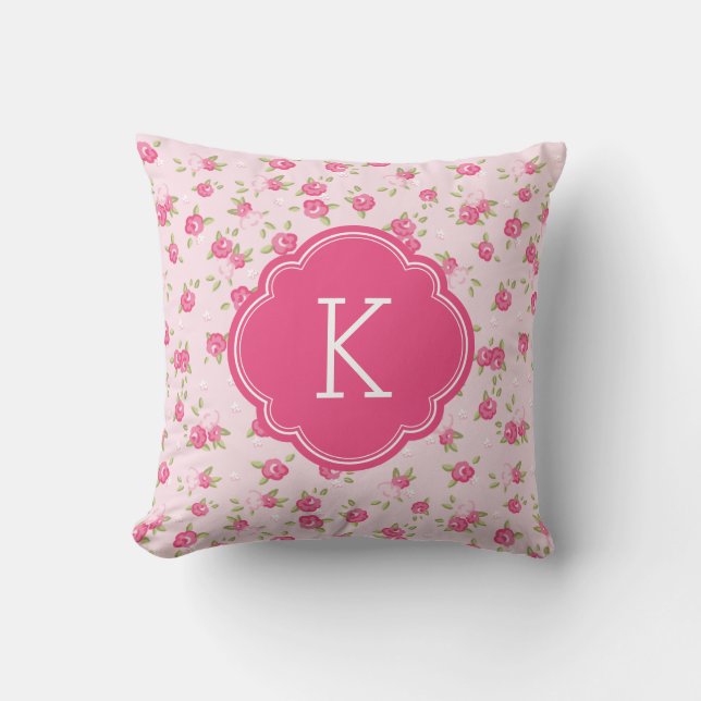 Roze Chique  Bloemenprint Monogram Kussen (Voorkant)