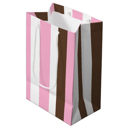 Roze, chocolade en witte strepen medium cadeauzakje (Voorkant Gekanteld)