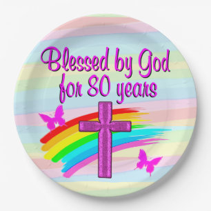  ROZE CHRISTELIJKE 80STE VERJAARDAG PAPIER BORDEN PAPIEREN BORDJE