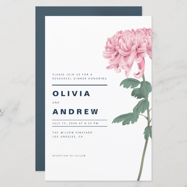 Roze Chrysanthemum Floral Rehearsal Dinner Invite (Voorkant / Achterkant)