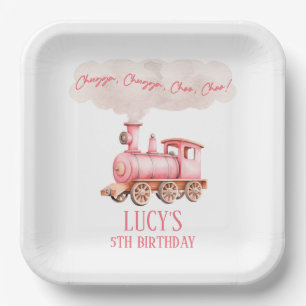 Roze Chugga Choo Choo  Trein Verjaardagsfeest Papieren Bordje