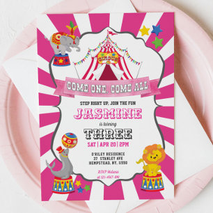 Roze Circus Carnival Birthday Uitnodiging