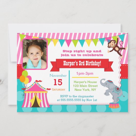 Roze Circus Carnival Foto Birthday Invitations Kaart (Voorkant)