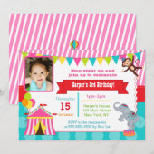 Roze Circus Carnival Foto Birthday Invitations Kaart (Voorkant / Achterkant)