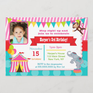 Roze Circus Carnival Foto Birthday Invitations Kaart