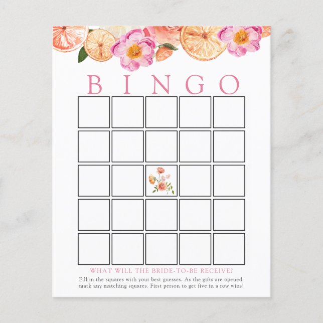 Roze Citrus Bridal Bingo Game Kaart (Voorkant)