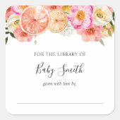 Roze citrusbloemen babyshower-boekplaat vierkante sticker (Voorkant)