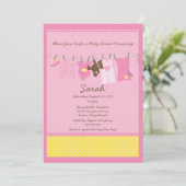 Roze Clothesline Baby shower Invitation Kaart (Staand voorkant)