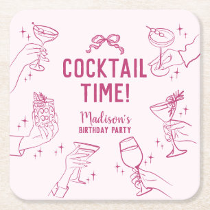 Roze Cocktail Party Retro Verjaardagsfeest Vierkante Kartonnen Onderzetter